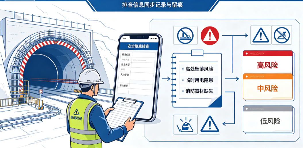 安全员在隧道施工现场使用手机或记录本登记排查出的安全隐患