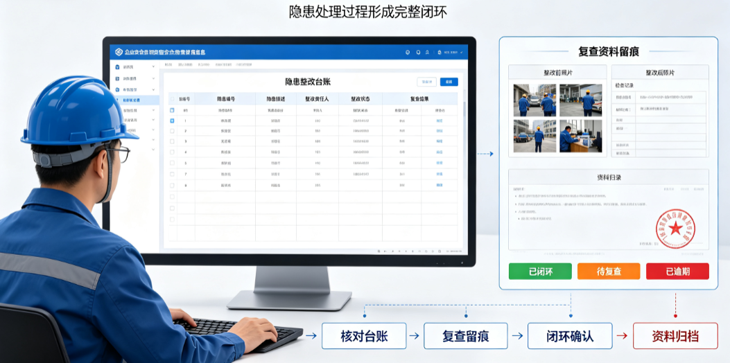 管理人员在电脑前核对隐患整改台账与复查资料留痕情况