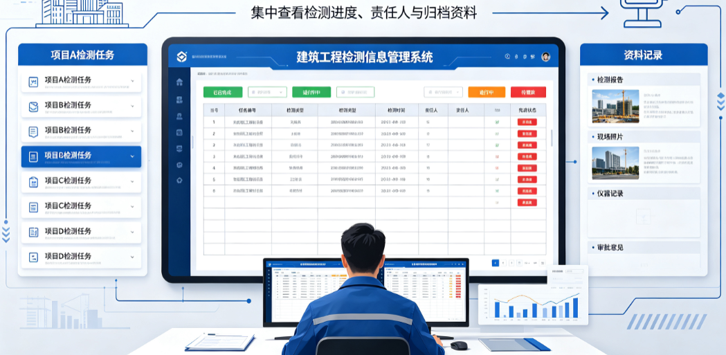 建筑工程检测信息管理系统中管理人员核对多个项目的检测任务和资料记录 建筑工程检测信息管理系统中管理人员核对多个项目的检测任务和资料记录