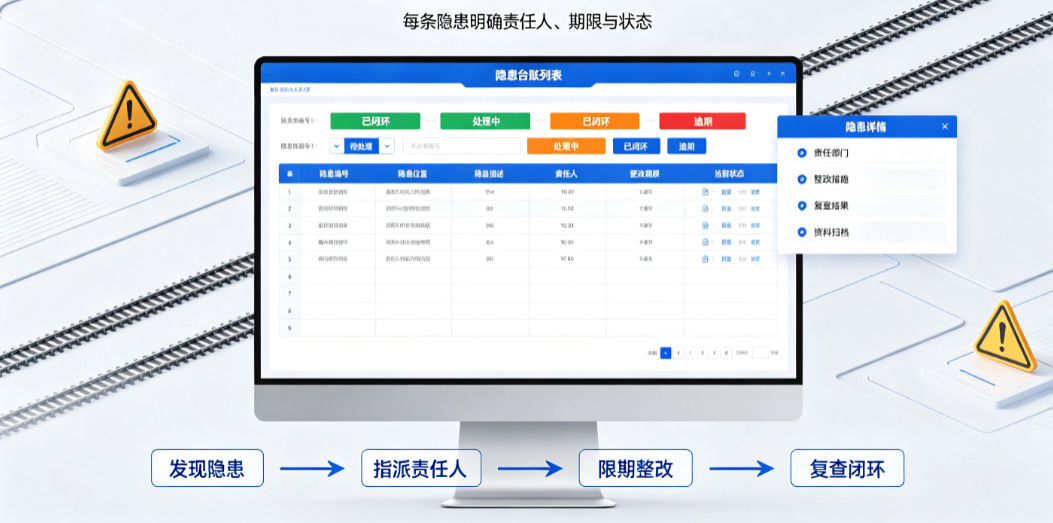 安全管理人员在系统中查看隐患台账列表,每一条隐患都标注了责任人、整改期限和当前状态 安全管理人员在系统中查看隐患台账列表,每一条隐患都标注了责任人、整改期限和当前状态