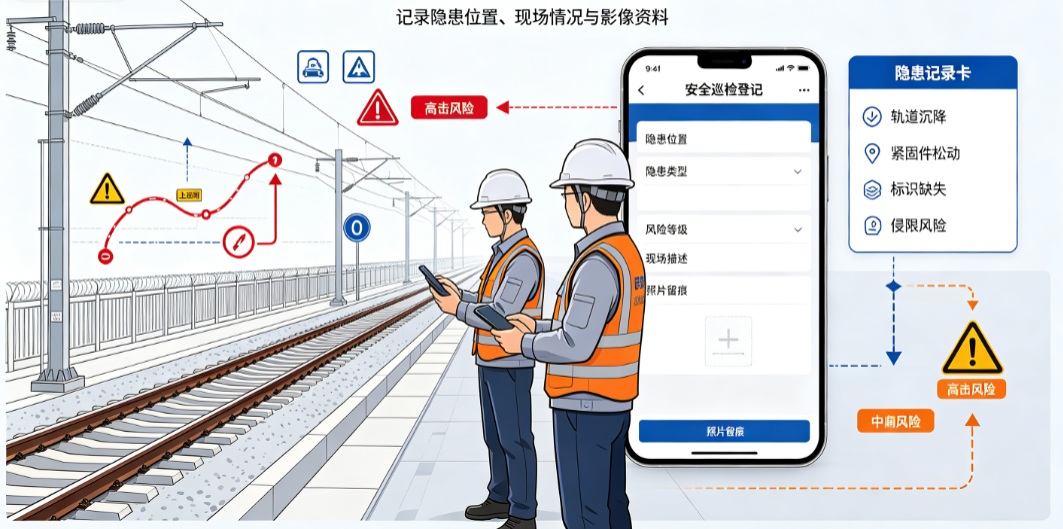 安全巡检人员在铁路线路旁用移动终端登记检查发现的问题,记录隐患位置和情况 安全巡检人员在铁路线路旁用移动终端登记检查发现的问题,记录隐患位置和情况