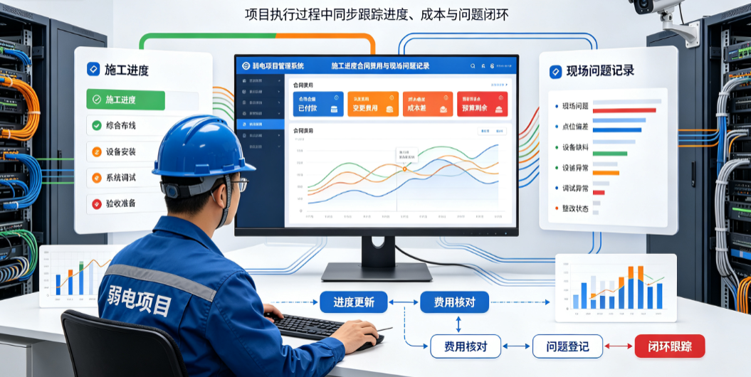 弱电项目人员核对施工进度合同费用和现场问题记录