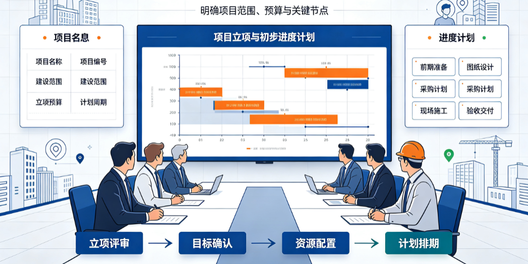 工程企业管理人员在办公室内讨论项目立项信息与初步进度计划 工程企业管理人员在办公室内讨论项目立项信息与初步进度计划