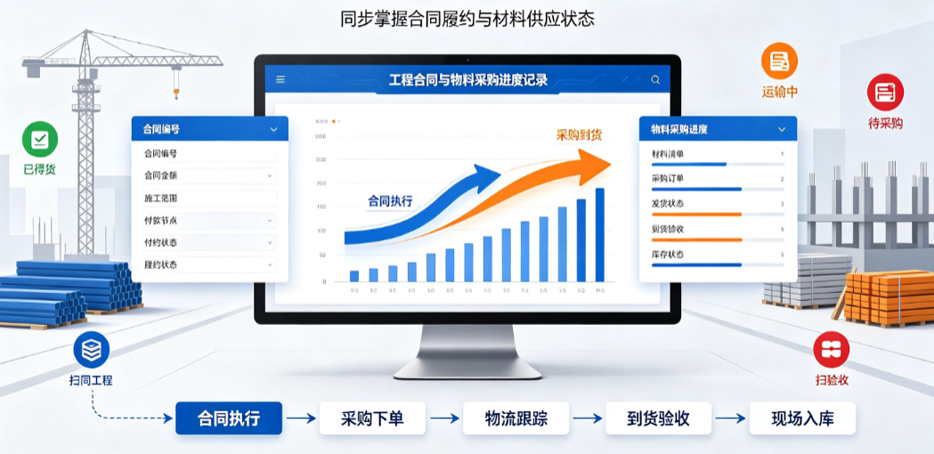 现场施工管理人员通过电脑查看工程合同与物料采购进度记录 现场施工管理人员通过电脑查看工程合同与物料采购进度记录