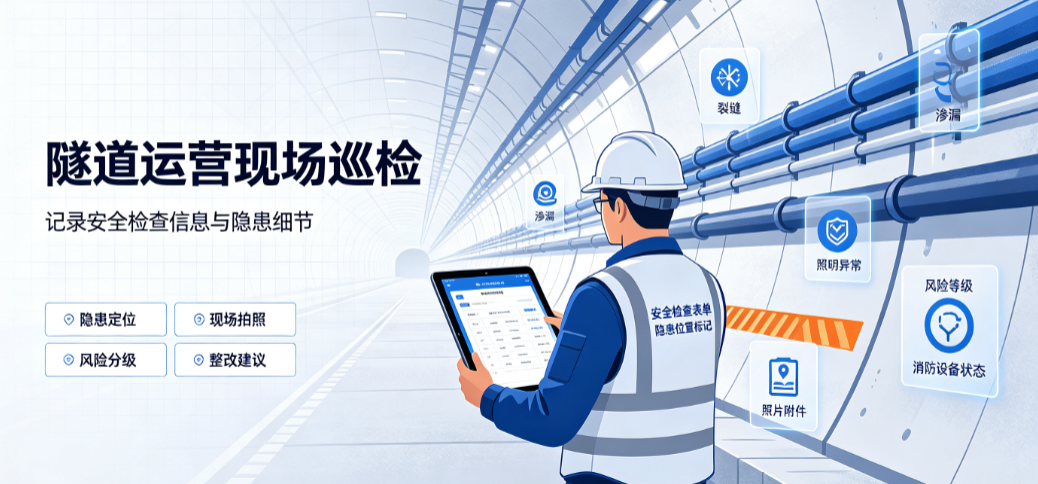 巡检人员在隧道运营现场记录安全检查信息与隐患细节