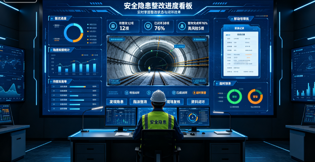 管理人员通过项目看板和统计报表核对隧道安全隐患整改进度