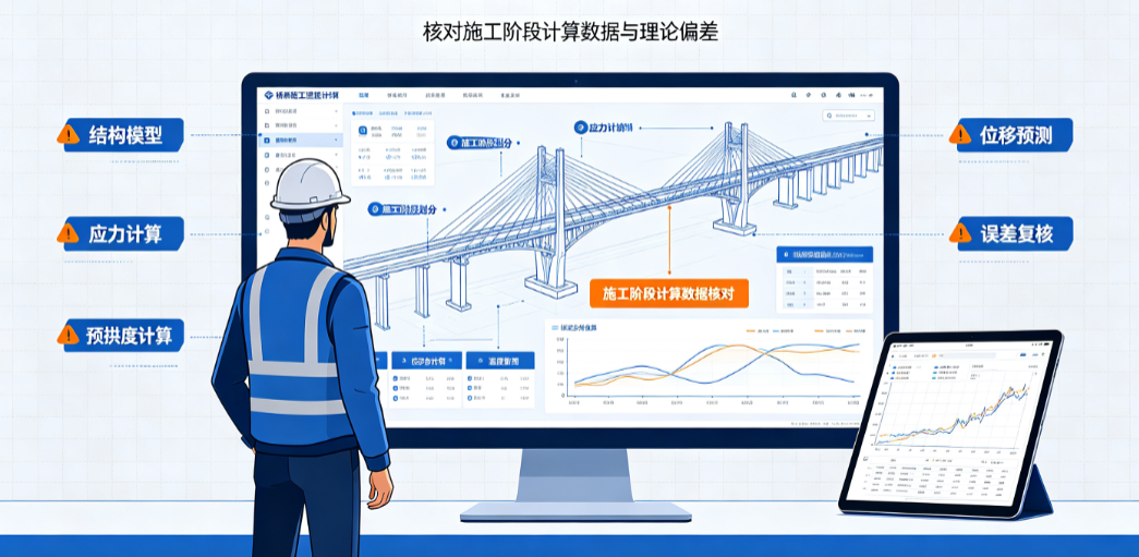 工程人员使用桥梁施工监控计算软件核对施工阶段计算数据