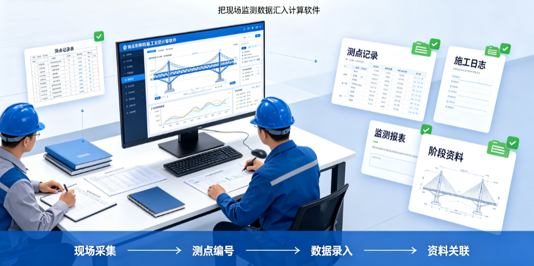 技术人员在桥梁施工监控计算软件旁整理测点记录和施工阶段资料