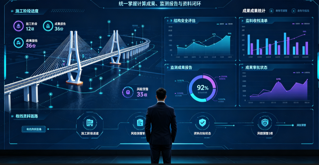 项目负责人查看桥梁施工监控计算软件中的阶段成果和资料归档情况