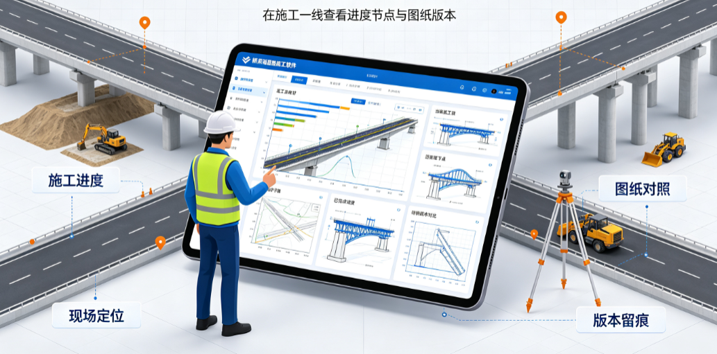 工程管理人员在施工现场核对桥梁道路施工软件中的进度与图纸