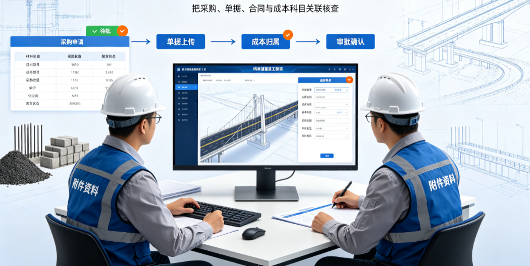 项目部人员正在审核桥梁道路施工软件中的材料采购与成本单据