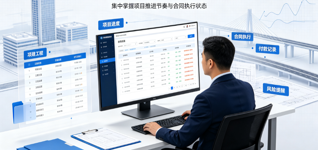 项目管理人员在办公室查看多个在建工程的进度记录和合同台账 项目管理人员在办公室查看多个在建工程的进度记录和合同台账