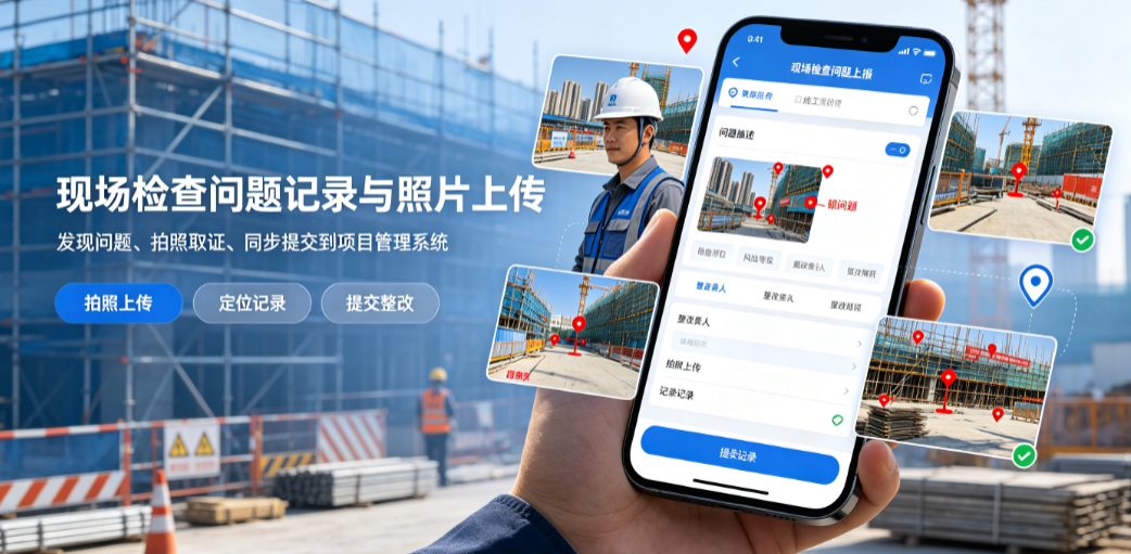 施工人员使用移动设备记录现场检查发现的问题并上传照片 施工人员使用移动设备记录现场检查发现的问题并上传照片