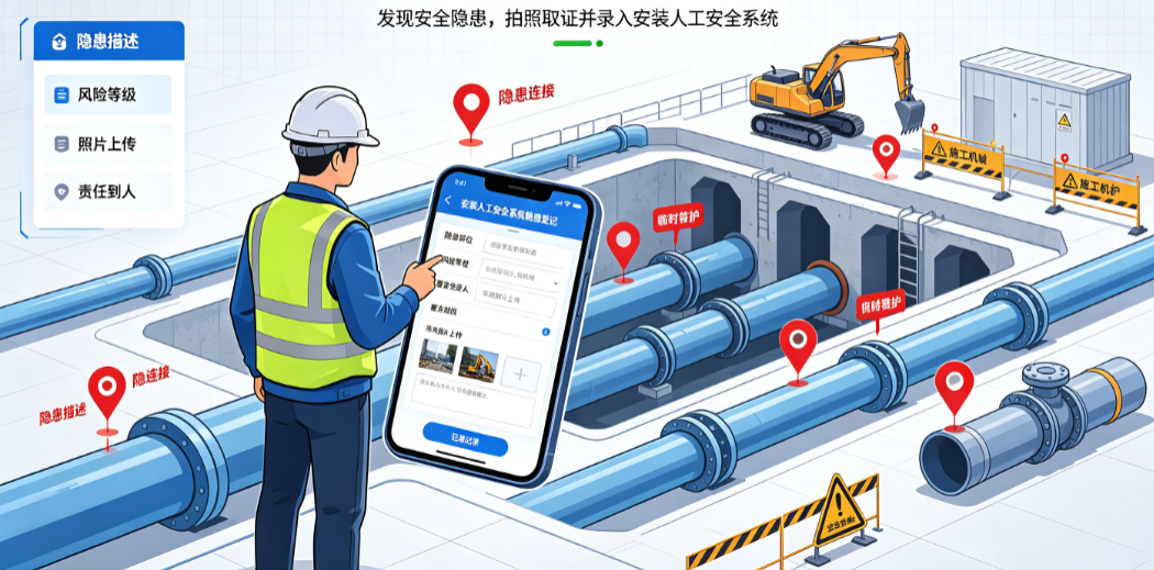 安全员在管道安装现场使用安装人工安全系统登记隐患 安全员在管道安装现场使用安装人工安全系统登记隐患