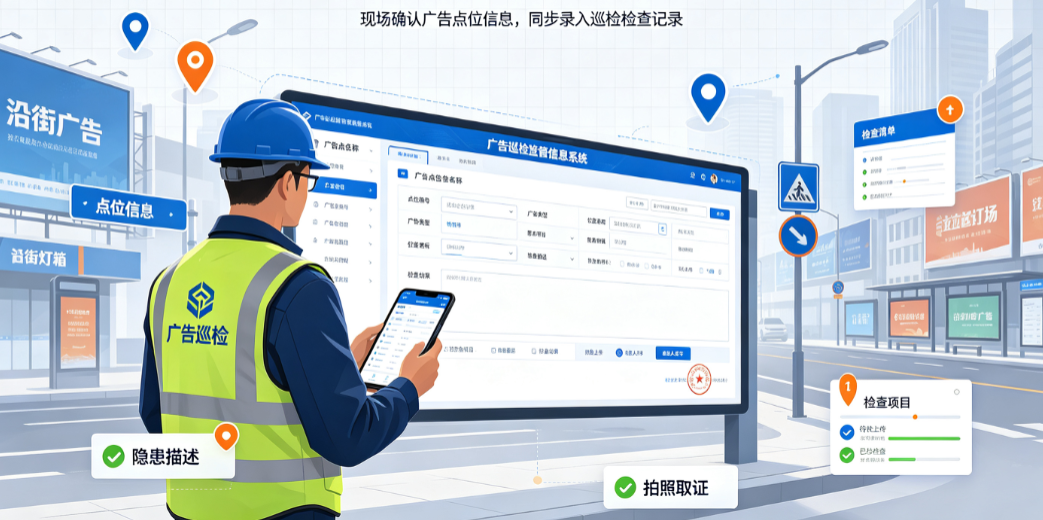 广告巡检监管信息系统中巡检人员核对户外广告点位并填写检查记录 广告巡检监管信息系统中巡检人员核对户外广告点位并填写检查记录