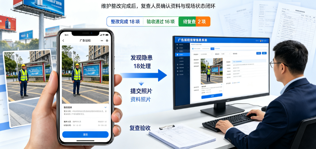 广告巡检监管信息系统中维护人员提交整改照片并由复查人员核对验收资料 广告巡检监管信息系统中维护人员提交整改照片并由复查人员核对验收资料