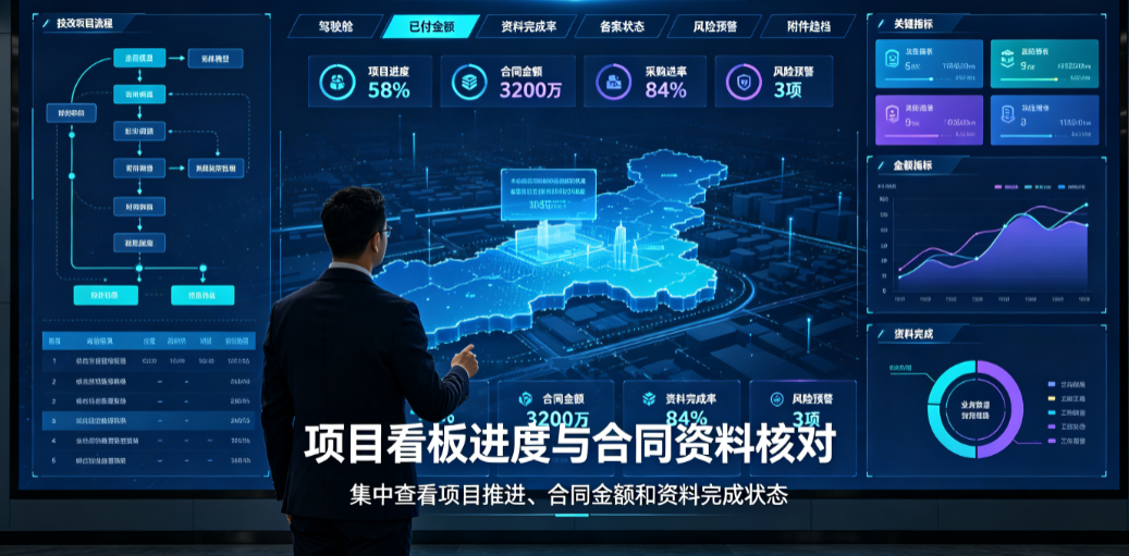 技术改造项目备案管理系统项目看板查看人员核对进度、合同金额和资料完成状态