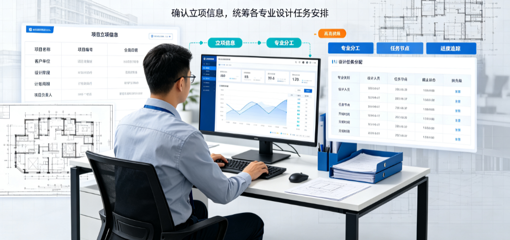 设计院项目管理人员在电脑前查看项目立项信息和设计任务分配情况 设计院项目管理人员在电脑前查看项目立项信息和设计任务分配情况