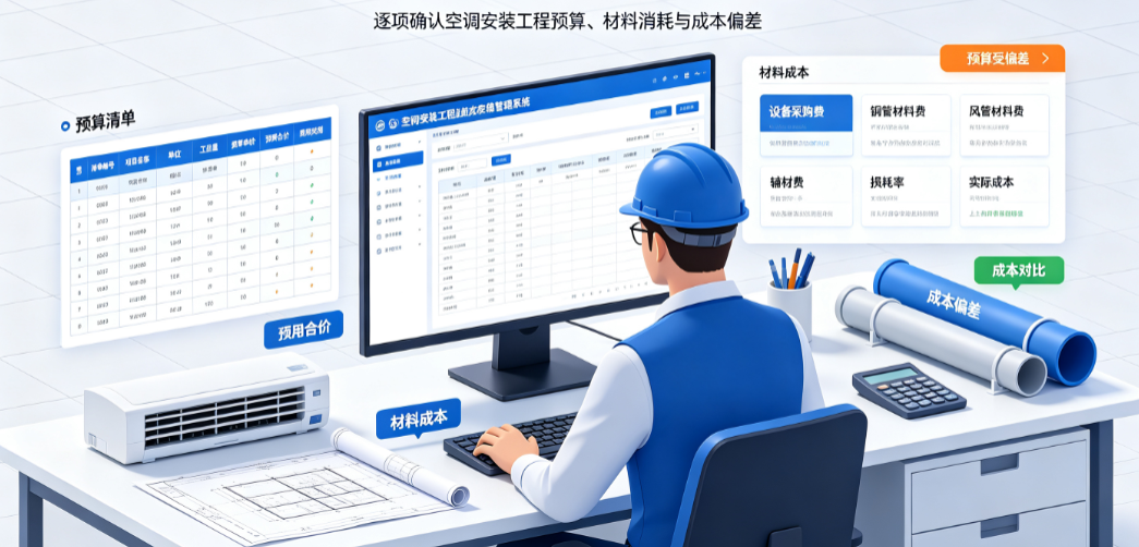 造价人员在空调安装工程施工成本管理系统中核对预算清单与材料成本