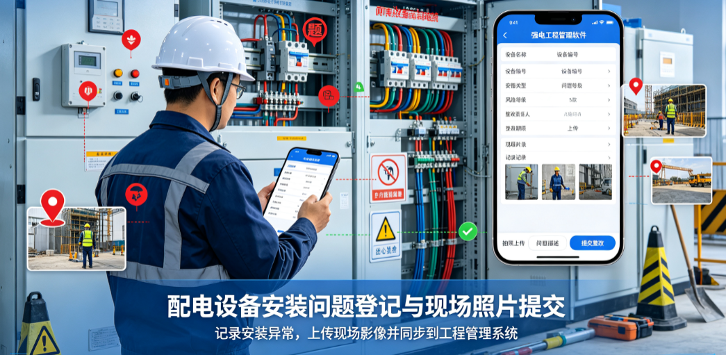强电工程管理软件使用场景中施工人员登记配电设备安装问题并提交现场照片