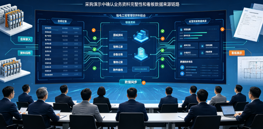 强电工程管理软件采购演示中管理人员核对合同记录项目资料和经营看板数据来源