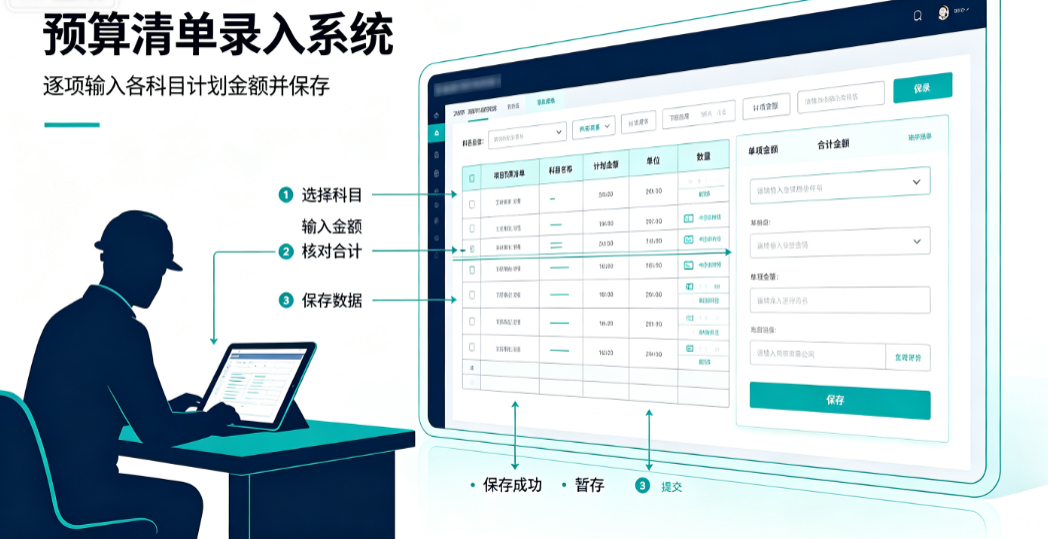 造价人员将预算清单录入系统,逐项输入各科目计划金额并保存 造价人员将预算清单录入系统,逐项输入各科目计划金额并保存