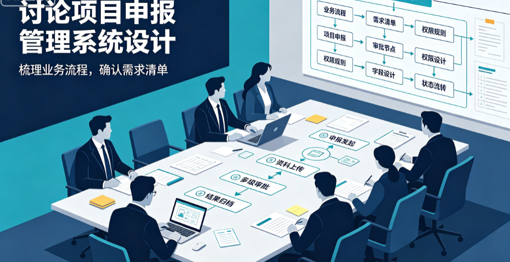项目团队在会议室讨论工程项目申报管理系统设计的业务流程与需求清单