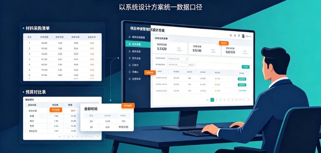 商务造价人员在电脑前利用项目申报管理系统设计方案核对材料采购与合同金额