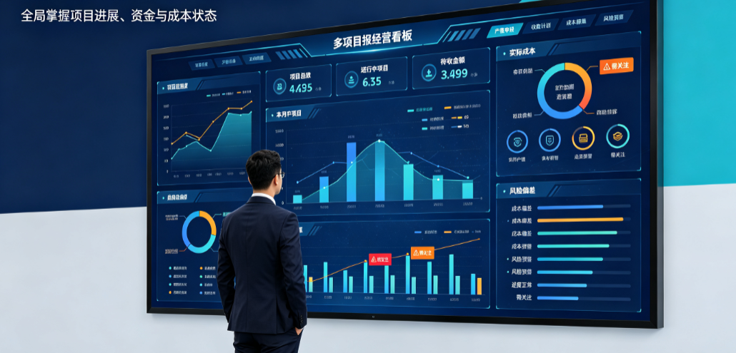 工程企业负责人查看项目申报管理系统设计中的多项目综合经营看板