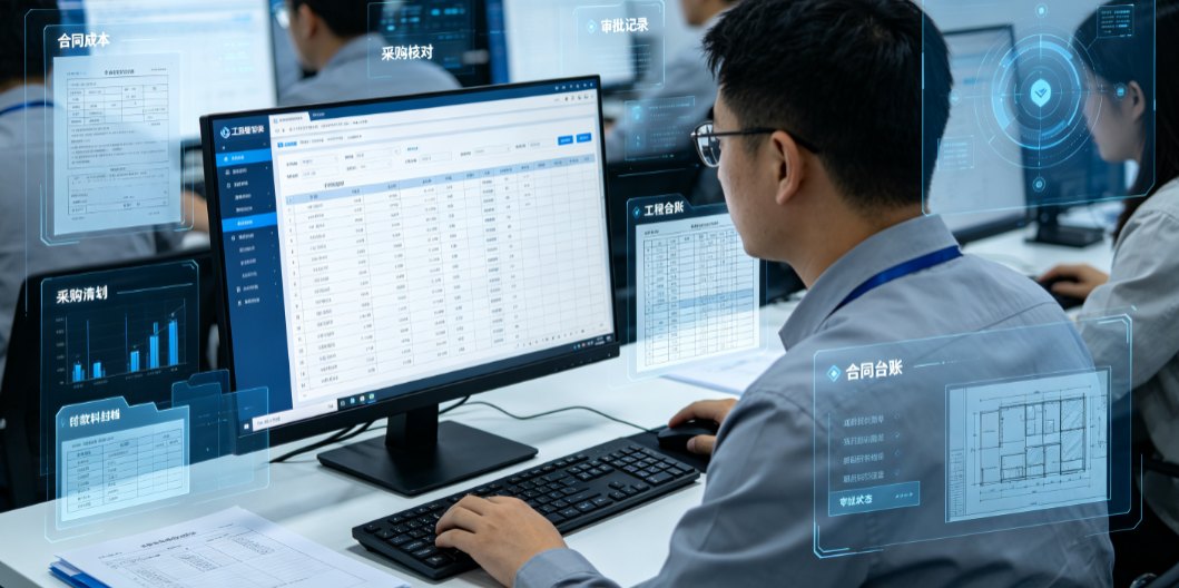 工程管理软件电算化实训中合同人员核对合同成本采购和项目资料记录