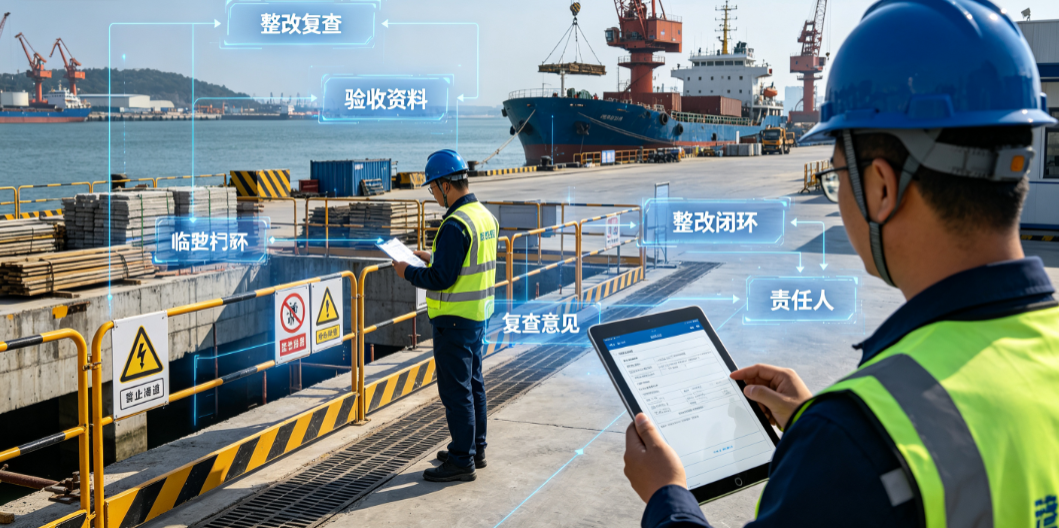 港口工程安全管理系统业务流程中安全员复查整改现场并核对验收资料