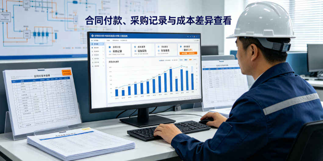 项目经理在机电设备成本计算软件中查看合同付款、采购记录和项目成本差异