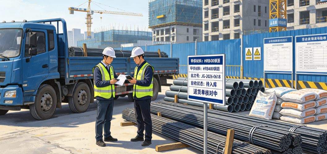 施工企业材料管理人员在项目现场验收甲供材料