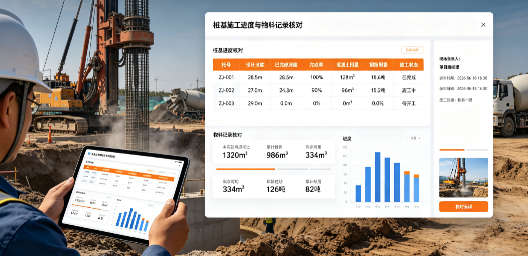 岩土项目施工过程管理系统中项目部管理人员在现场核对桩基施工进度与物料记录 岩土项目施工过程管理系统中项目部管理人员在现场核对桩基施工进度与物料记录