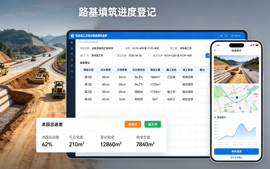公路施工员管理信息系统中现场施工员登记路基填筑进度