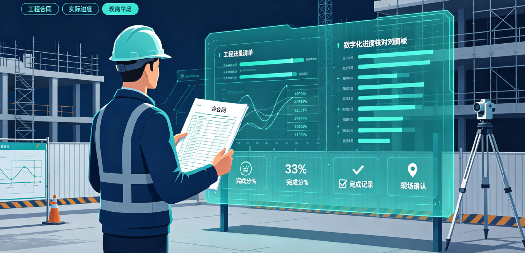 项目管理人员在施工现场核对工程合同与实际完成进度记录 项目管理人员在施工现场核对工程合同与实际完成进度记录