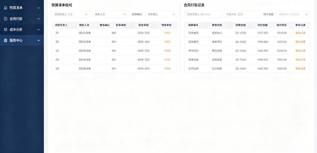 造价咨询业务管理系统中项目负责人、商务和财务核对预算清单与合同付款记录