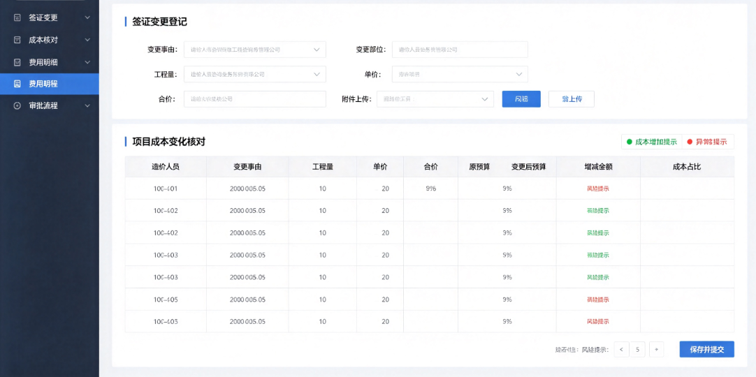 造价咨询业务管理系统中造价人员登记签证变更并核对项目成本变化