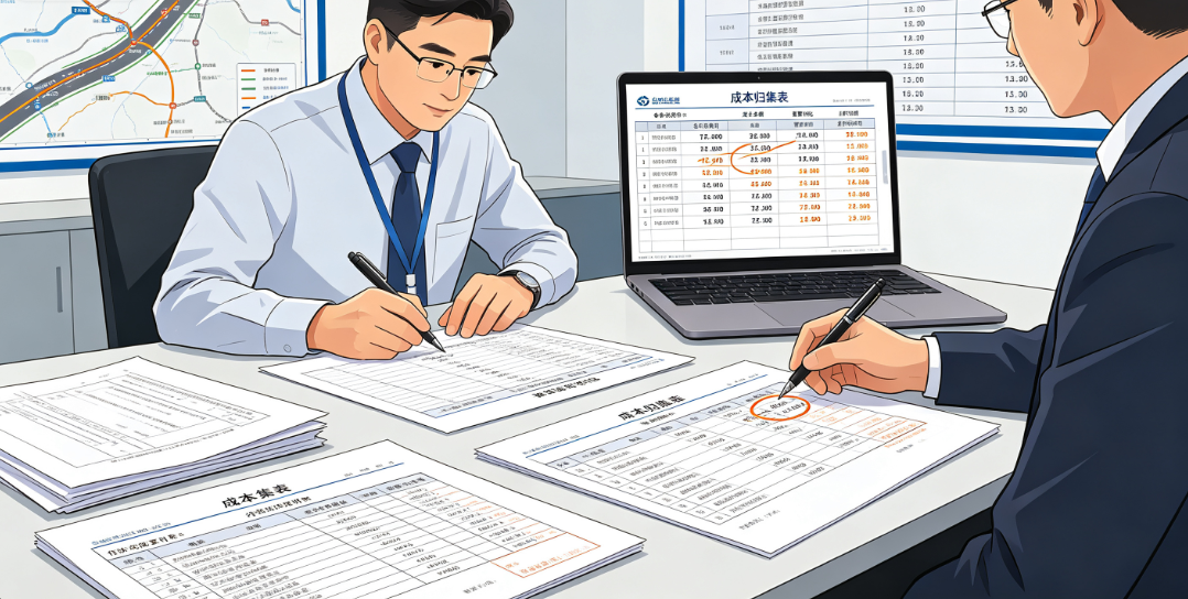 经营人员查看公路项目成本归集表,核对各标段各项费用金额 经营人员查看公路项目成本归集表,核对各标段各项费用金额