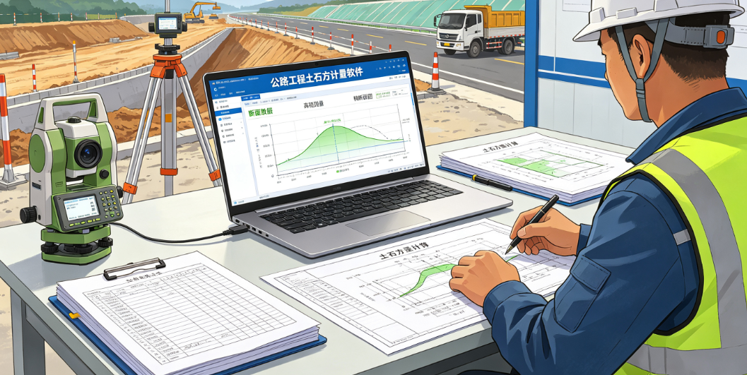 测量人员使用公路工程土石方计量软件核对断面数据