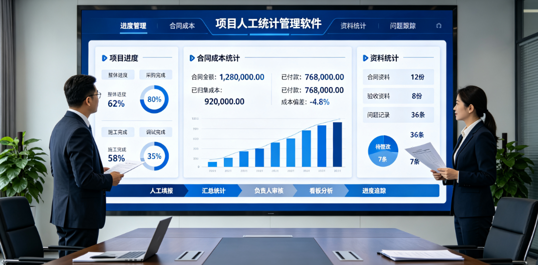 工程部负责人通过项目人工统计管理软件查看项目进度、合同成本和资料统计情况 工程部负责人通过项目人工统计管理软件查看项目进度、合同成本和资料统计情况