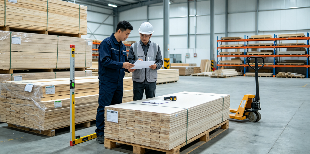 质检员与库管员正在联合验收进场板材并核对规格数量 质检员与库管员正在联合验收进场板材并核对规格数量