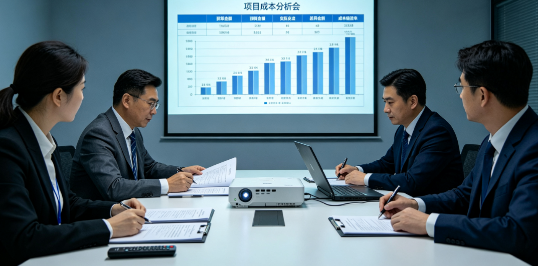 项目成本分析会上,管理人员查看预算与实际支出对比表 项目成本分析会上,管理人员查看预算与实际支出对比表