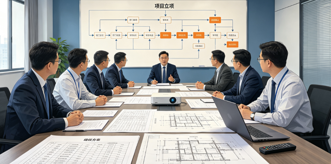工程项目管理人员在会议室讨论项目立项方案与各部门协作流程 工程项目管理人员在会议室讨论项目立项方案与各部门协作流程