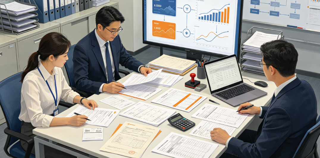 工程企业财务与成本人员在办公室核对项目合同付款单据与成本报表 工程企业财务与成本人员在办公室核对项目合同付款单据与成本报表