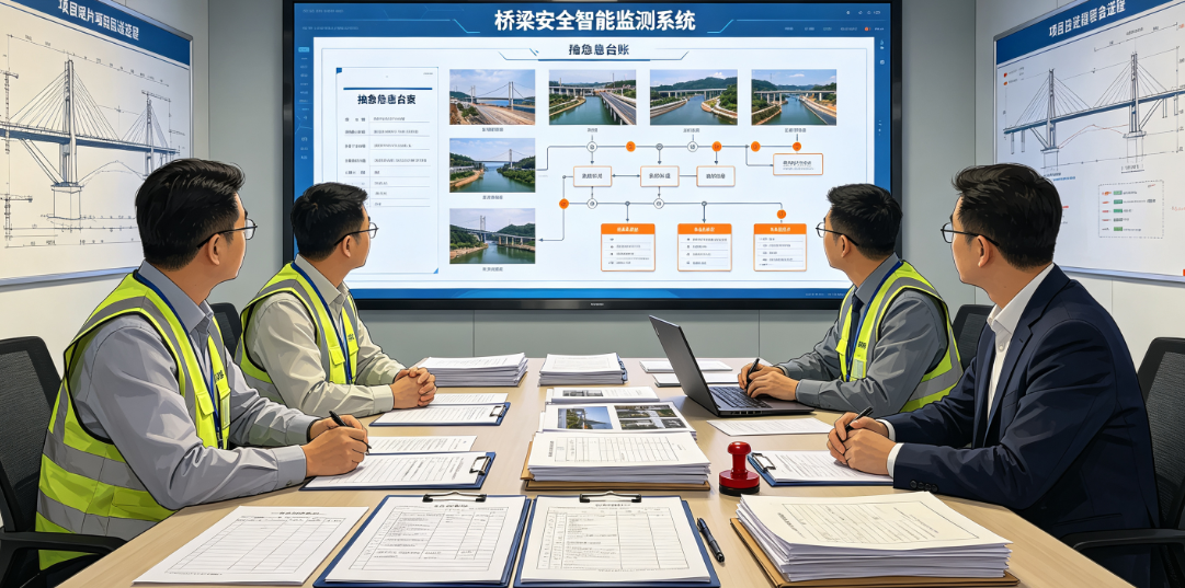 项目负责人和复查人员查看桥梁安全智能监测系统相关隐患台账、整改照片与验收资料 项目负责人和复查人员查看桥梁安全智能监测系统相关隐患台账、整改照片与验收资料