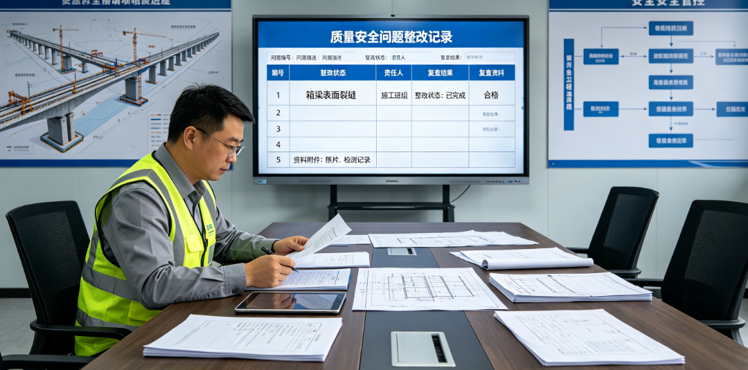 桥梁项目负责人核对质量安全问题整改记录、责任人和复查资料 桥梁项目负责人核对质量安全问题整改记录、责任人和复查资料