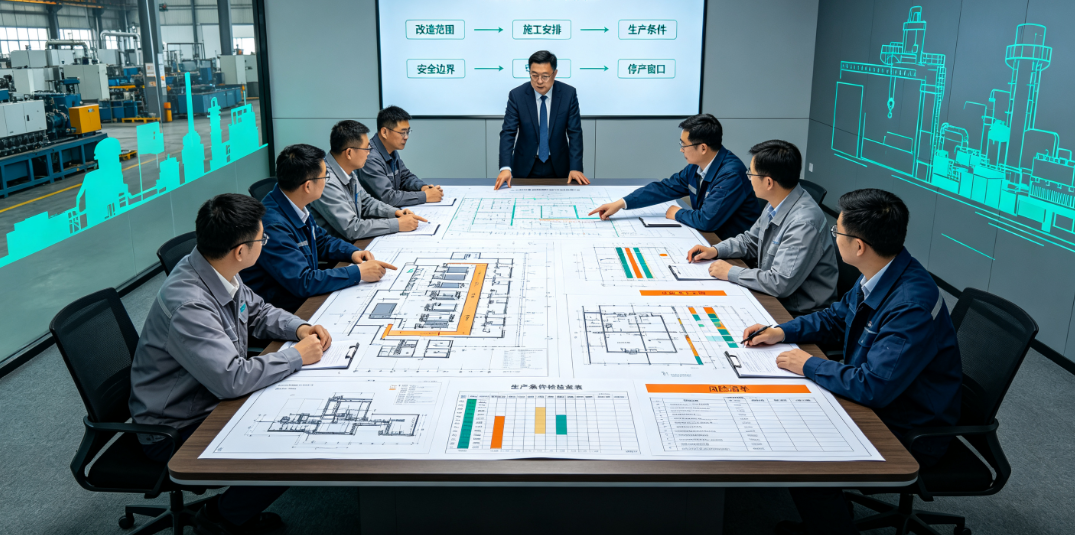 技改项目启动前,相关人员共同核对改造范围、施工安排和生产条件。 技改项目启动前,相关人员共同核对改造范围、施工安排和生产条件。
