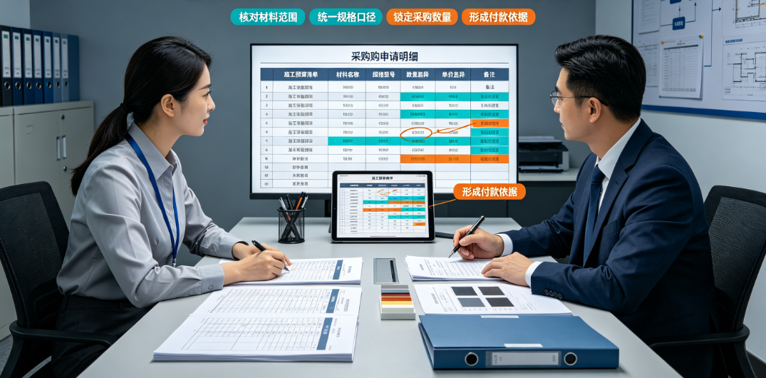 采购人员与商务人员根据施工预算清单对比采购申请中的材料明细 采购人员与商务人员根据施工预算清单对比采购申请中的材料明细