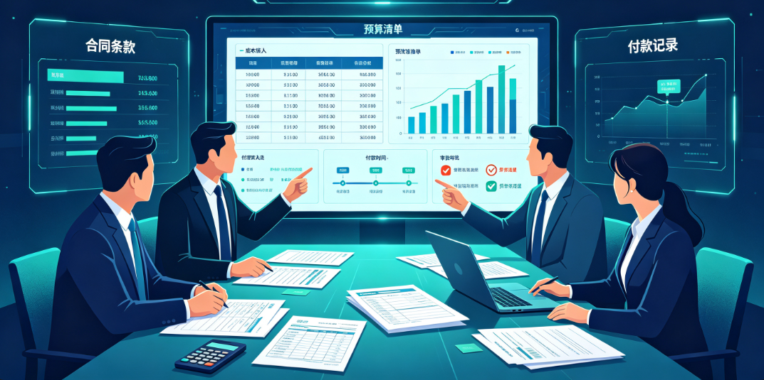 项目负责人、造价人员和财务人员核对合同、预算清单及付款资料。 项目负责人、造价人员和财务人员核对合同、预算清单及付款资料。